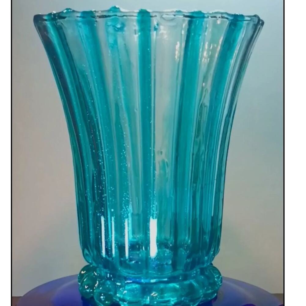 ONE-OF-A-KIND! BRILLIANT BLUES HAND-POURED RESIN COATED LEAD CRYSTAL VASE